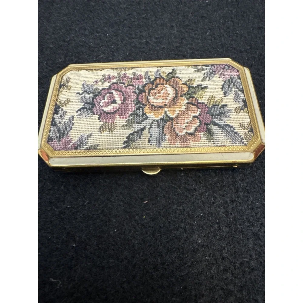 vintage petit point compact powder case usa made